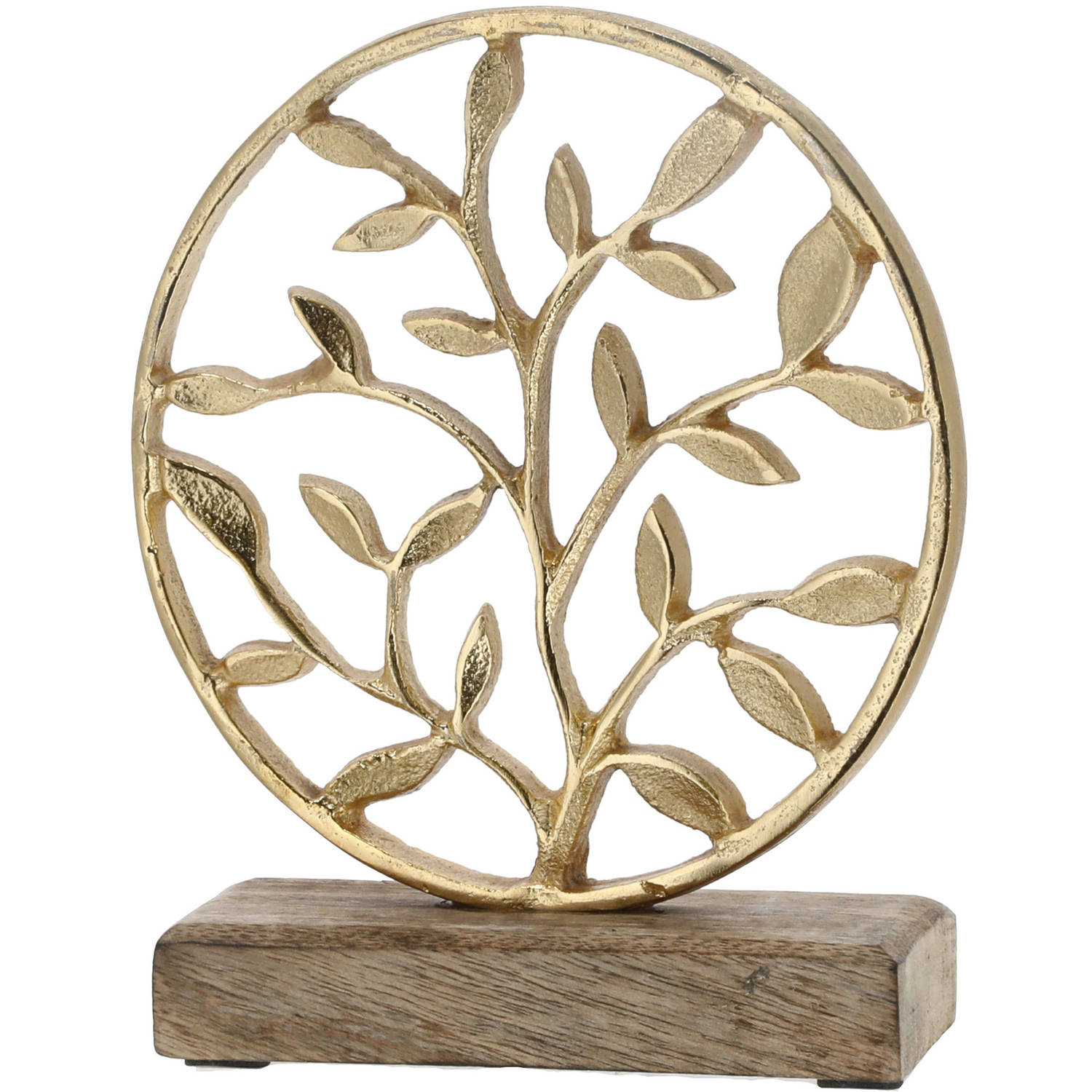 Decoratie levensboom rond van aluminium op houten voet 20 cm goud - Tree of life