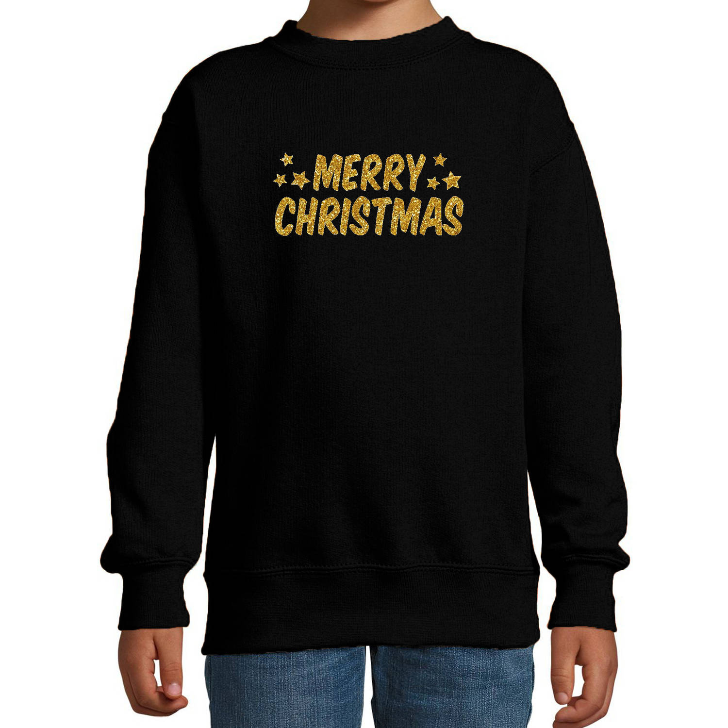 Merry Christmas Kerst sweater / trui zwart voor kinderen met gouden glitter bedrukking 14-15 jaar (170/176) - kerst trui