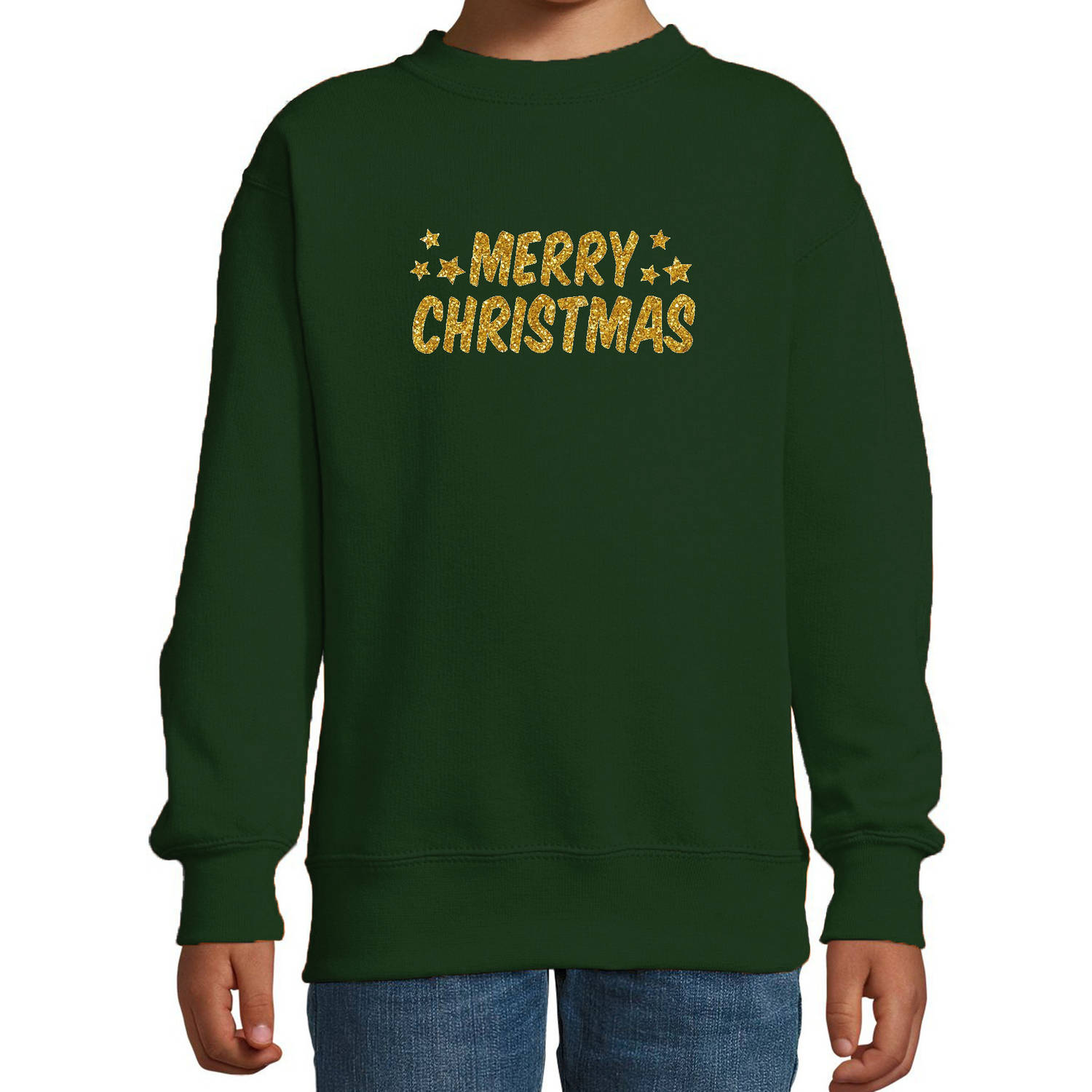 Merry Christmas Kerst sweater / trui groen voor kinderen met gouden glitter bedrukking 3-4 jaar (98/104) - kerst truien