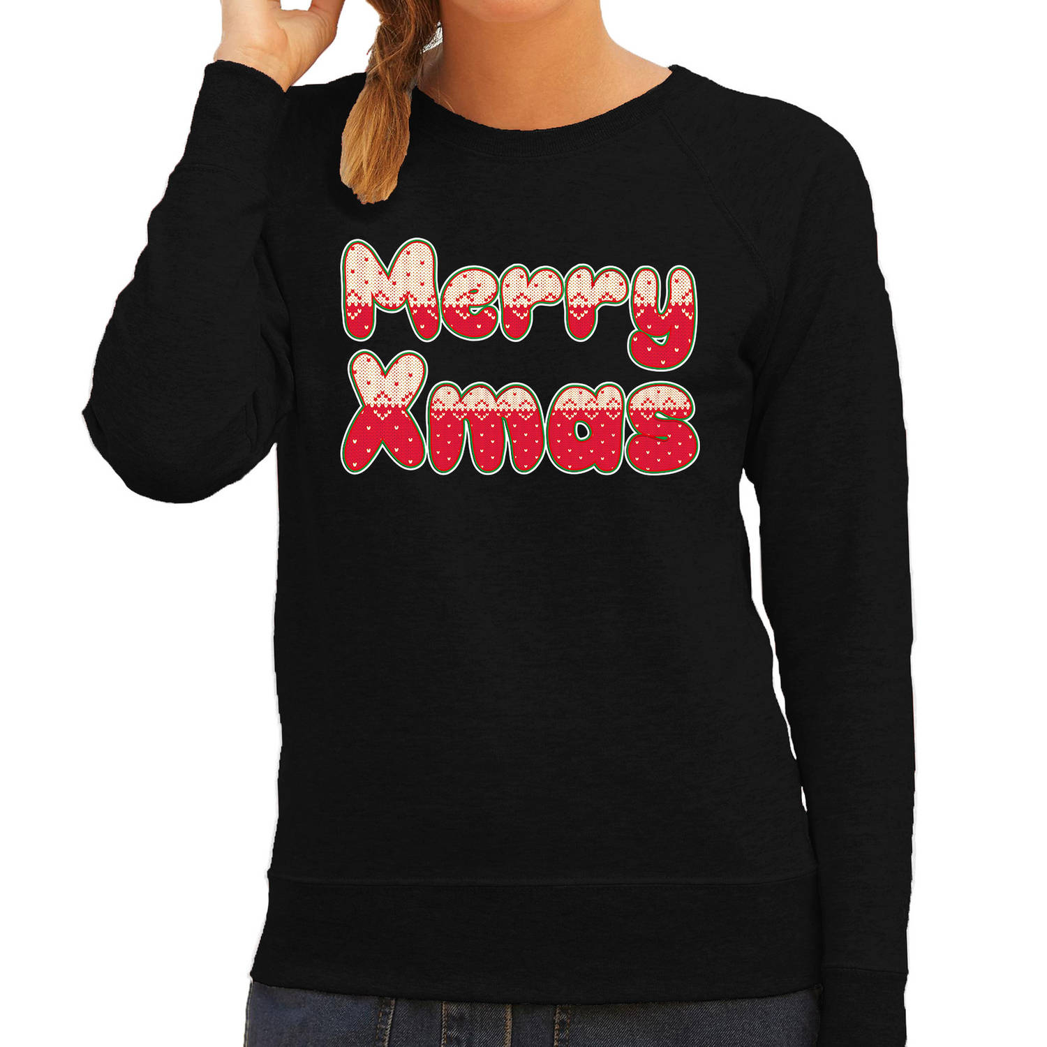 Merry xmas fout Kerst sweater / trui zwart voor dames 2XL - kerst truien