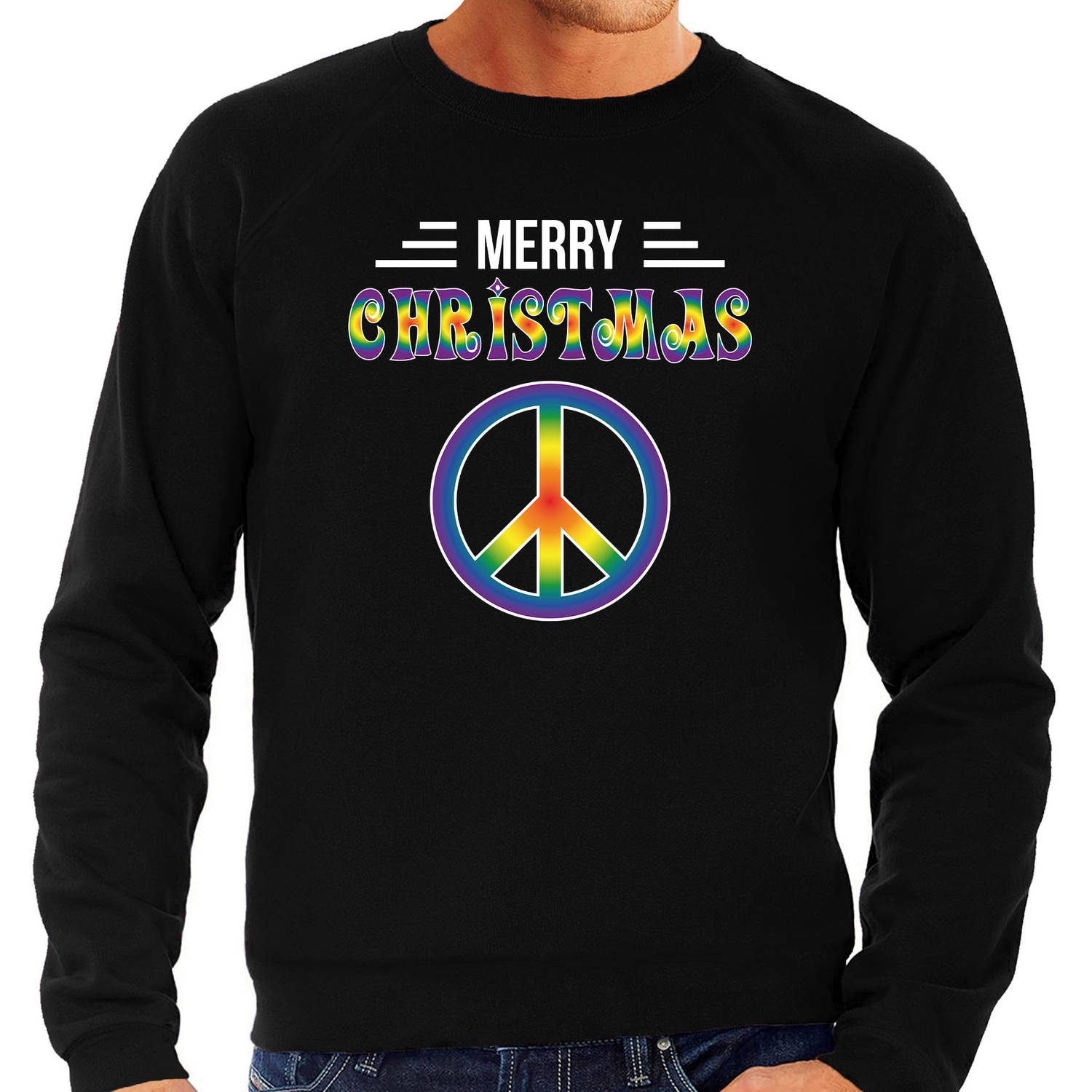 Merry Christmas hippie foute Kerstsweater / Kersttrui zwart voor heren 2XL - kerst truien