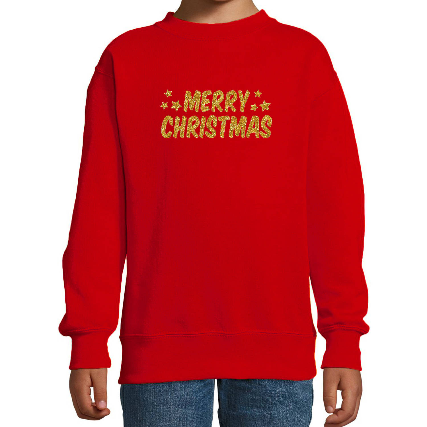 Merry Christmas Kerst sweater / trui rood voor kinderen met gouden glitter bedrukking 9-11 jaar (134/146) - kerst truien