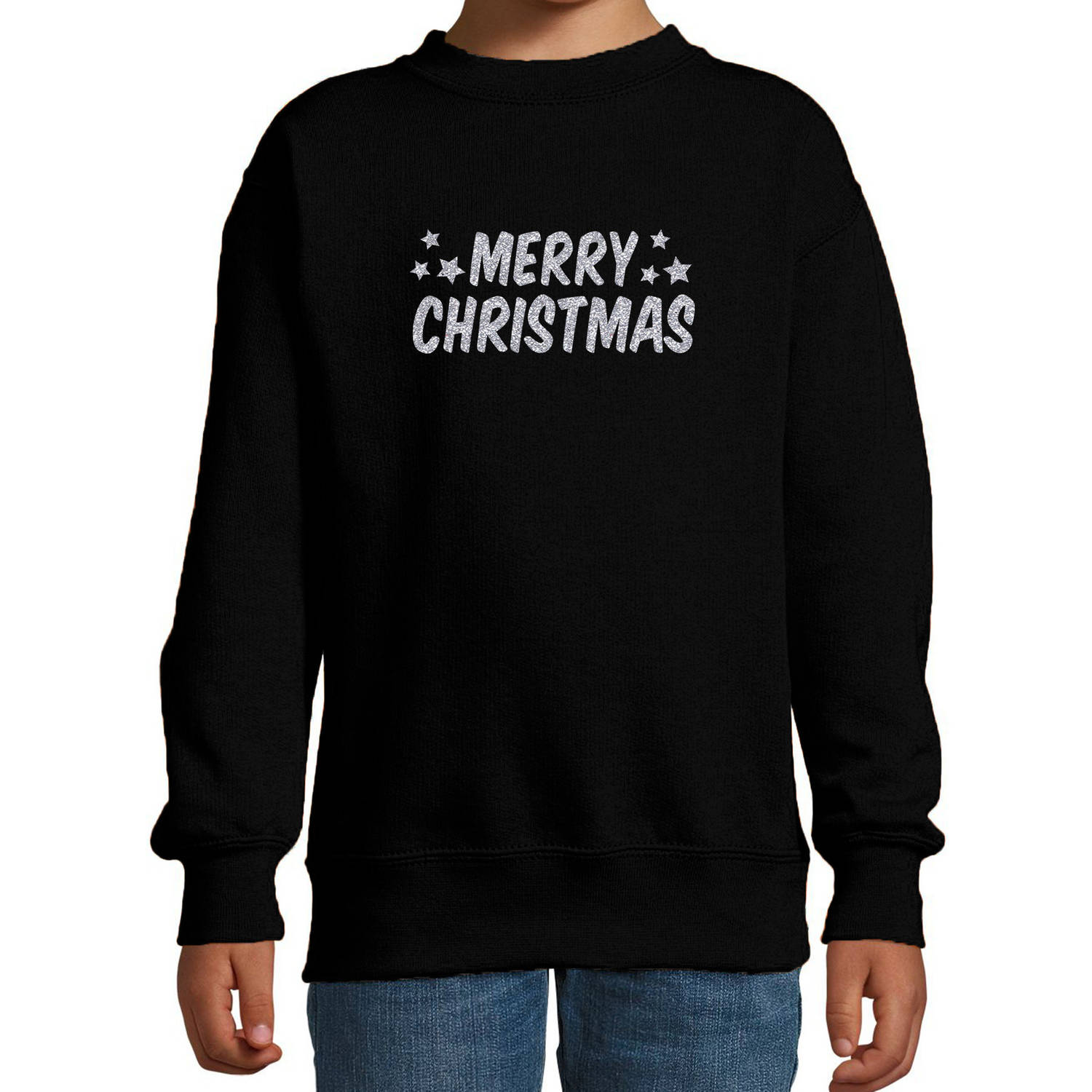 Merry Christmas Kerst sweater / trui zwart voor kinderen met zilveren glitter bedrukking 12-13 jaar (152/164) - kerst tr