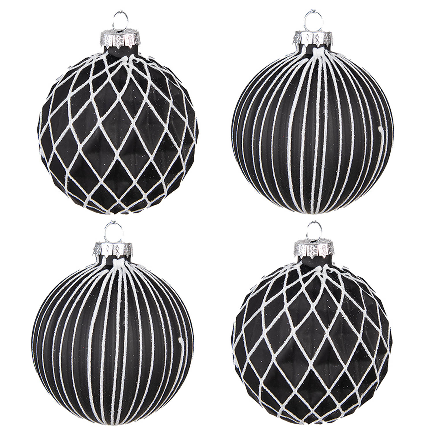 Clayre & Eef Kerstballen set van 4 Ã 8 cm Zwart Wit Glas