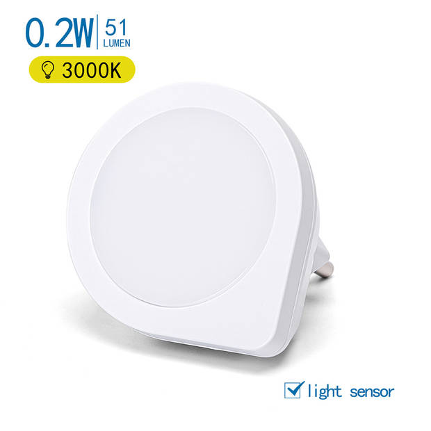 Stekkerlamp - Nachtlamp met Dag en Nacht Sensor - Aigi Uvio - 0.2W - Warm Wit 3000K - Rond - Mat Wit - Kunststof