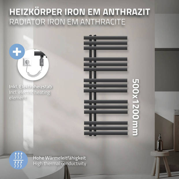 Elektrische badkamerradiator met verwarmingselement 1200W 500x1200 mm antraciet