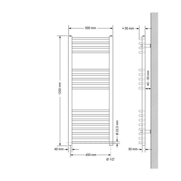 ECD Germany Badkamerradiator elektrisch met verwarmingselement 900W - 500 x 1200 mm- chroom - gebogen met zijaansluiting