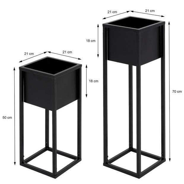 ML-Design Set van 2 bloemstatieven, zwart, 21x50/70x21 cm, gepoedercoat metaal
