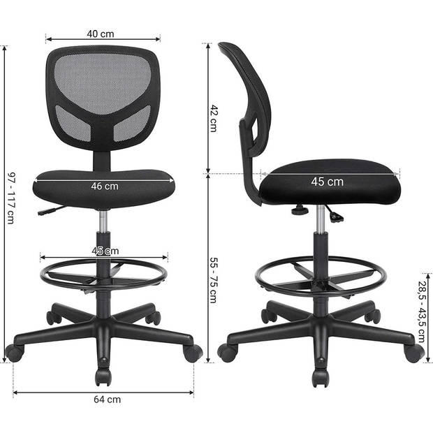 SONGMICS bureaustoel, ergonomische werkkruk, zithoogte 51,5-71,5 cm