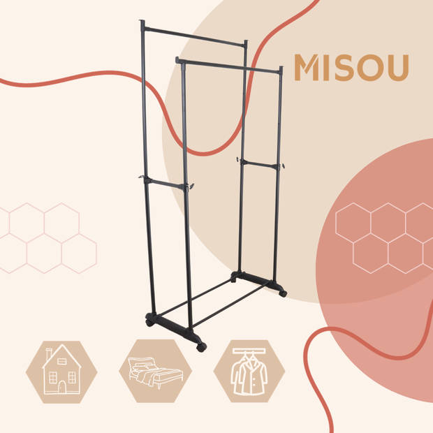 MISOU Kledingrek - Dubbel - op Wieltjes - Zwart - Metaal - Garderoberek