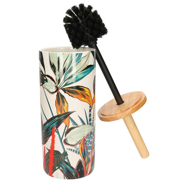 WC-/toiletborstel met houder rond wit met gekleurd tropisch blad patroon zandsteen/bamboe 38 cm - Toiletborstels