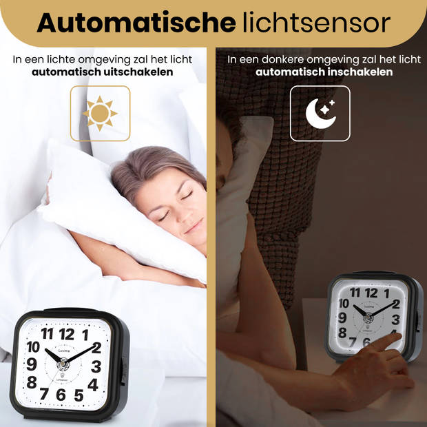 Luxime - Wekker Analoog Zonder Tikgeluid - Analoge Wekker - Senioren - Slaapkamer - Met Lichtsensor - Zwart