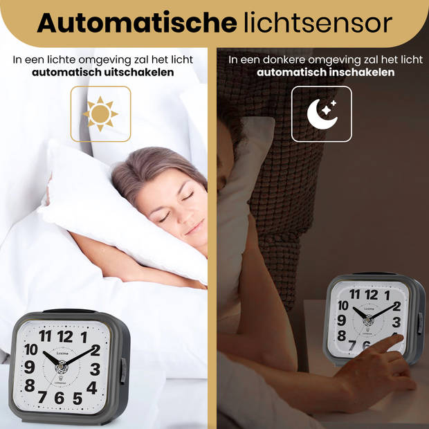 Luxime - Wekker Analoog Zonder Tikgeluid - Analoge Wekker - Senioren - Slaapkamer - Met Lichtsensor - Grijs