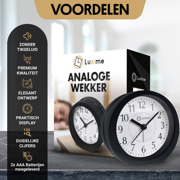 Luxime - Wekker Analoog Zonder Tikgeluid - Analoge Wekker - Senioren - Slaapkamer - Zwart
