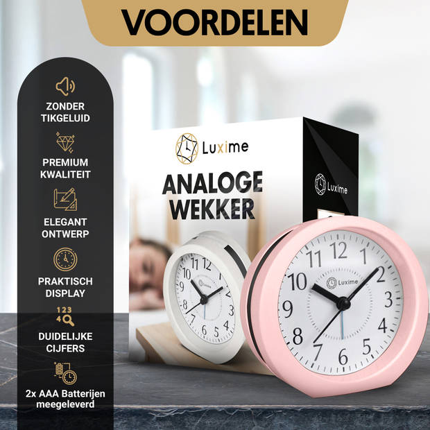 Luxime - Wekker Analoog Zonder Tikgeluid - Analoge Wekker - Senioren - Slaapkamer - Roze