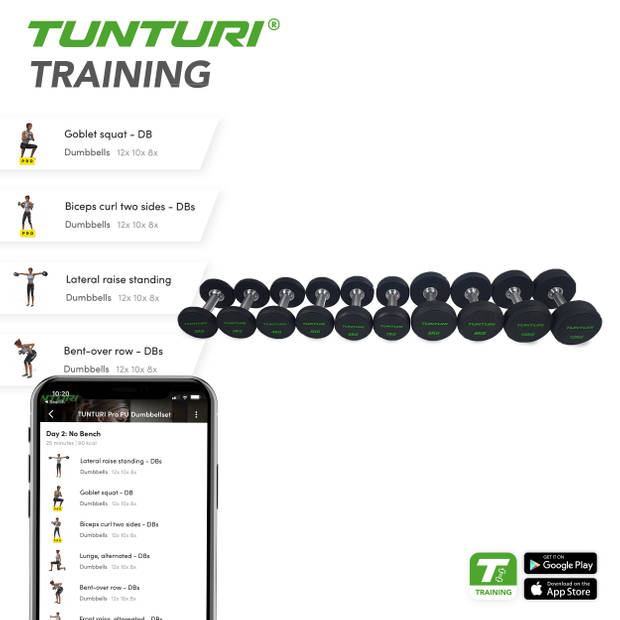 Tunturi Pro PU Dumbbell Set 14 t/m 32 kg - 1 paar - Halterset - incl. gratis fitness app