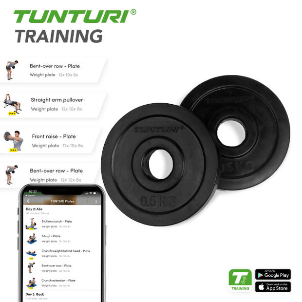 Tunturi Halterschijven - Halter gewichten - 2x0,5kg - 30mm - Rubber - Incl. gratis fitness app