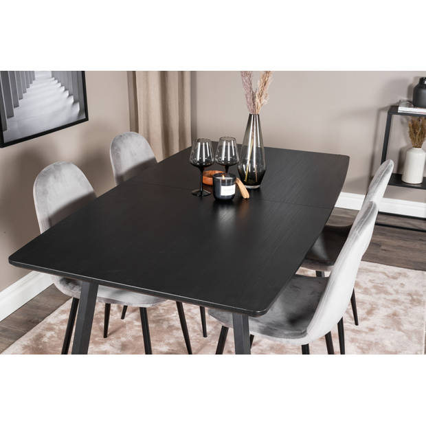 IncaBLBL eethoek eetkamertafel uitschuifbare tafel lengte cm 160 / 200 zwart en 4 Polar eetkamerstal velours grijs.