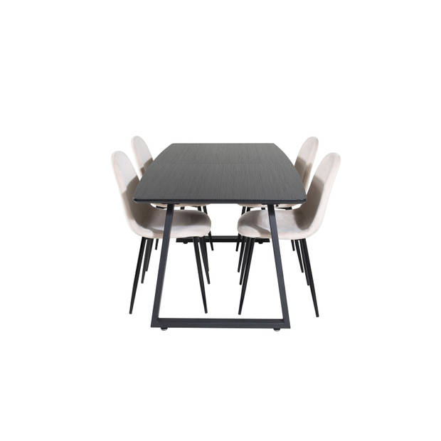 IncaBLBL eethoek eetkamertafel uitschuifbare tafel lengte cm 160 / 200 zwart en 4 Polar eetkamerstal velours beige.