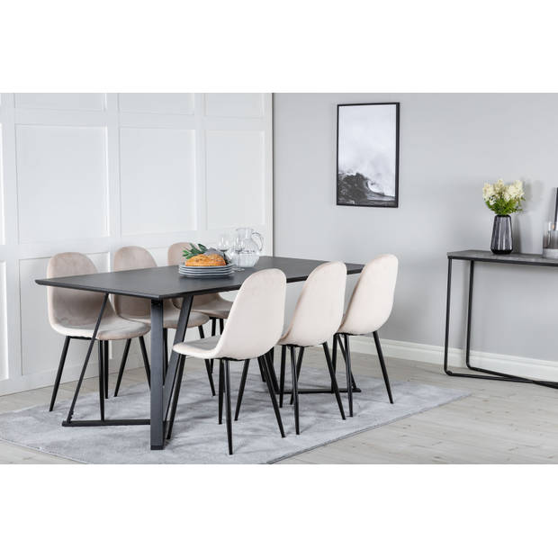 MarinaBLBL eethoek eetkamertafel zwart en 6 Polar eetkamerstal velours beige.