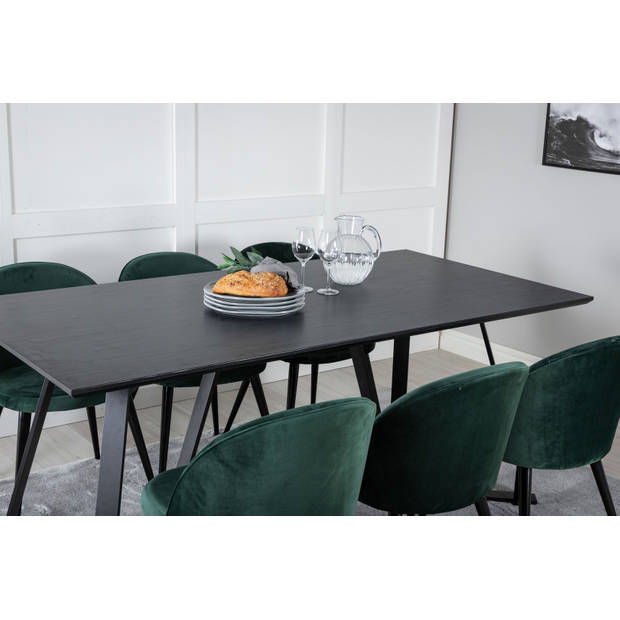 MarinaBLBL eethoek eetkamertafel zwart en 6 Velvet eetkamerstal velours groente, zwart.