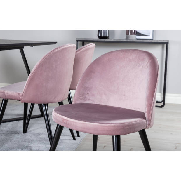 MarinaBLBL eethoek eetkamertafel zwart en 6 Velvet eetkamerstal velours roze, zwart.