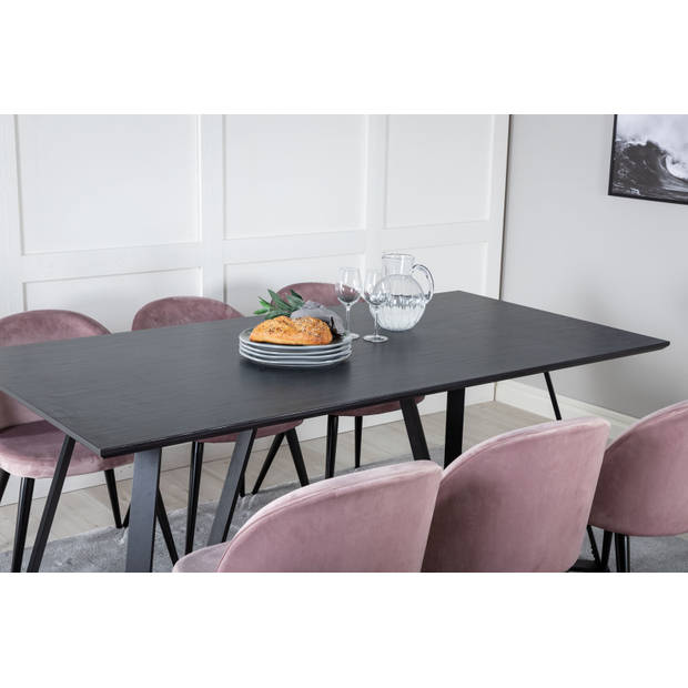 MarinaBLBL eethoek eetkamertafel zwart en 6 Velvet eetkamerstal velours roze, zwart.