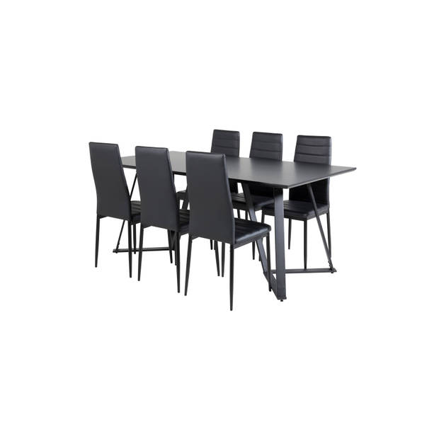 MarinaBLBL eethoek eetkamertafel zwart en 6 Slim High Back eetkamerstal PU kunstleer zwart.