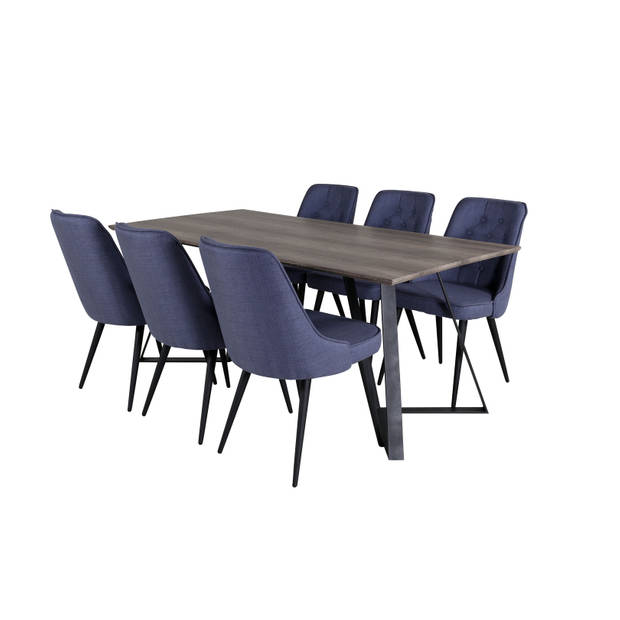 MarinaGRBL eethoek eetkamertafel el hout decor grijs en 6 Velvet Deluxe eetkamerstal blauw, zwart.