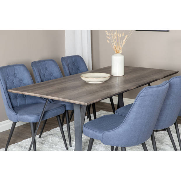 MarinaGRBL eethoek eetkamertafel el hout decor grijs en 6 Velvet Deluxe eetkamerstal blauw, zwart.