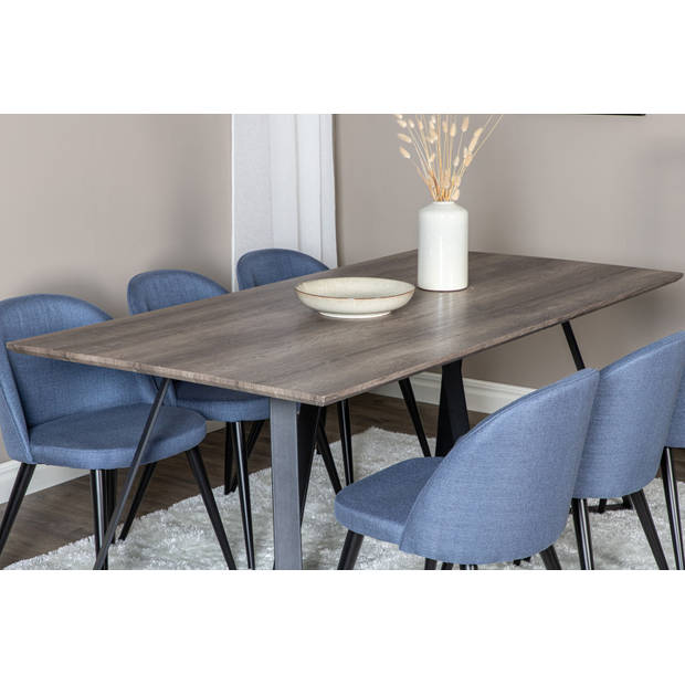 MarinaGRBL eethoek eetkamertafel el hout decor grijs en 6 Velvet eetkamerstal blauw.