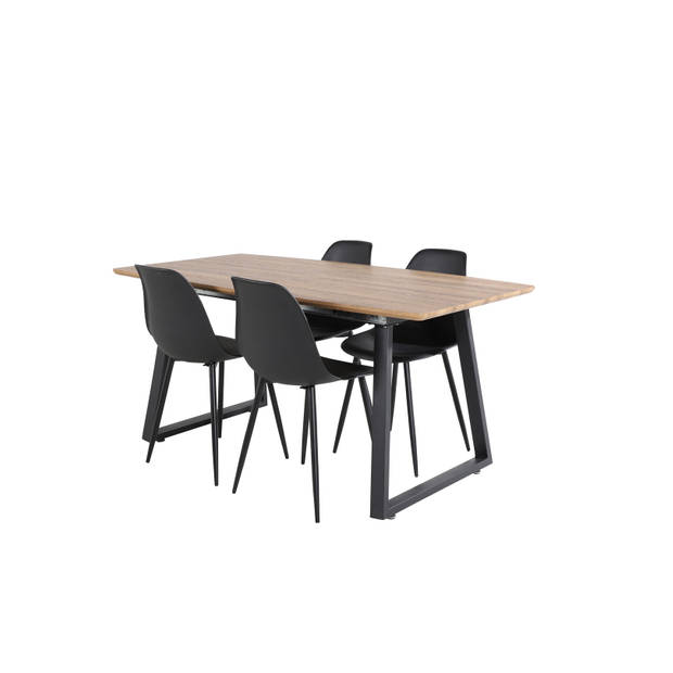 IncaNABL eethoek eetkamertafel uitschuifbare tafel lengte cm 160 / 200 el hout decor en 4 Polar eetkamerstal zwart.