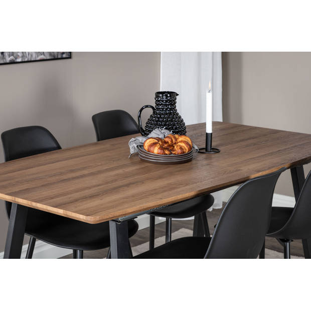 IncaNABL eethoek eetkamertafel uitschuifbare tafel lengte cm 160 / 200 el hout decor en 4 Polar eetkamerstal zwart.