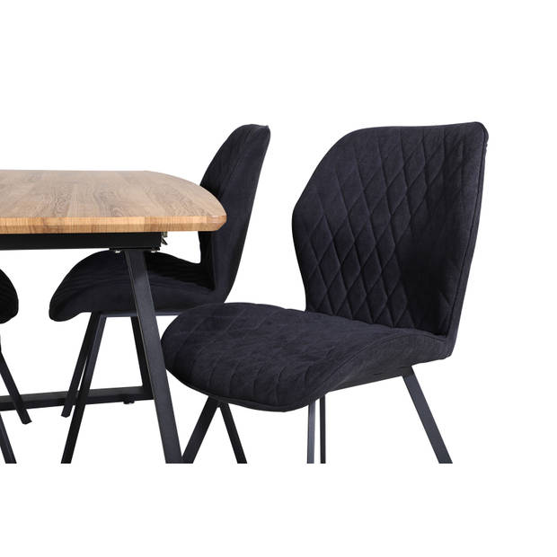 IncaNABL eethoek eetkamertafel uitschuifbare tafel lengte cm 160 / 200 el hout decor en 4 Gemma eetkamerstal zwart.