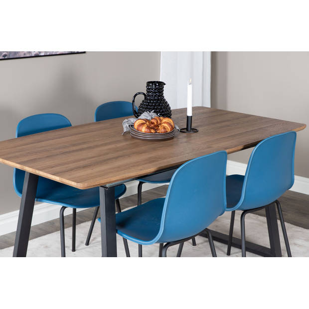 IncaNABL eethoek eetkamertafel uitschuifbare tafel lengte cm 160 / 200 el hout decor en 4 Arctic eetkamerstal blauw,