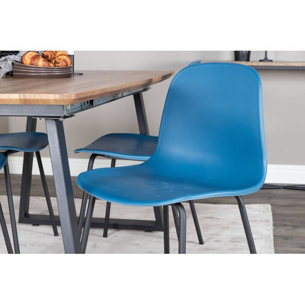 IncaNABL eethoek eetkamertafel uitschuifbare tafel lengte cm 160 / 200 el hout decor en 4 Arctic eetkamerstal blauw,