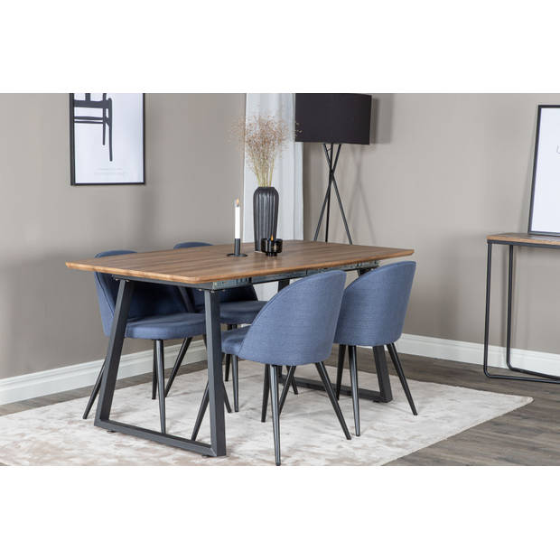 IncaNABL eethoek eetkamertafel uitschuifbare tafel lengte cm 160 / 200 el hout decor en 4 Velvet eetkamerstal blauw.