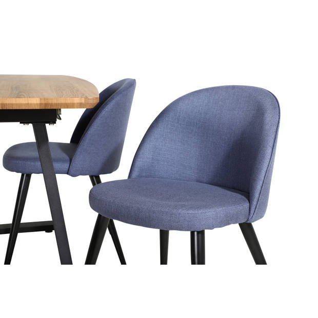 IncaNABL eethoek eetkamertafel uitschuifbare tafel lengte cm 160 / 200 el hout decor en 4 Velvet eetkamerstal blauw.
