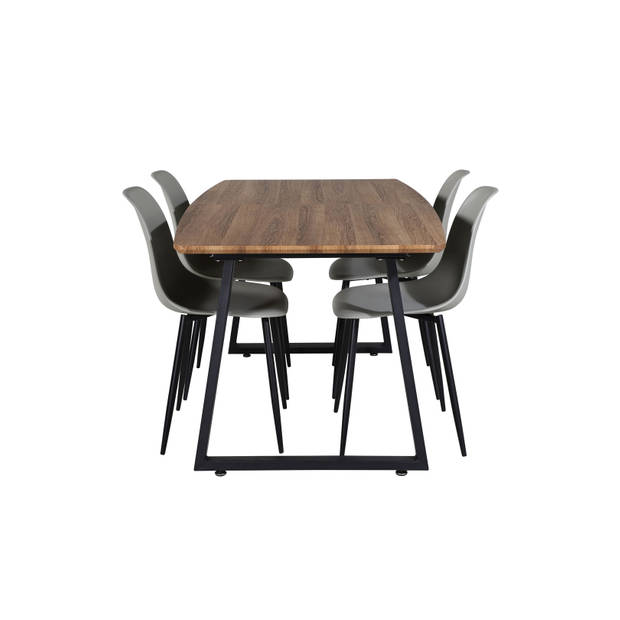 IncaNABL eethoek eetkamertafel uitschuifbare tafel lengte cm 160 / 200 el hout decor en 4 Polar eetkamerstal grijs.