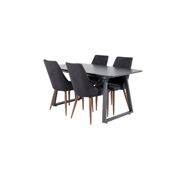 IncaBLBL eethoek eetkamertafel uitschuifbare tafel lengte cm 160 / 200 zwart en 4 Leone eetkamerstal zwart.