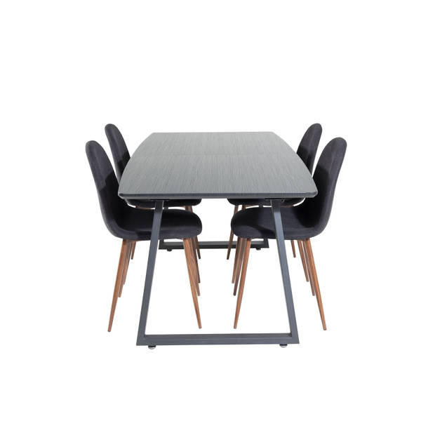 IncaBLBL eethoek eetkamertafel uitschuifbare tafel lengte cm 160 / 200 zwart en 4 Polar eetkamerstal zwart.