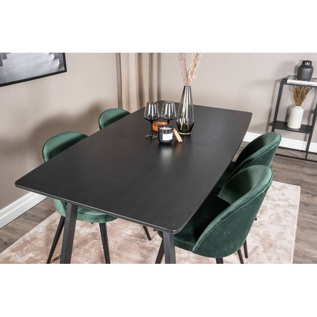 IncaBLBL eethoek eetkamertafel uitschuifbare tafel lengte cm 160 / 200 zwart en 4 Velvet eetkamerstal velours groente,