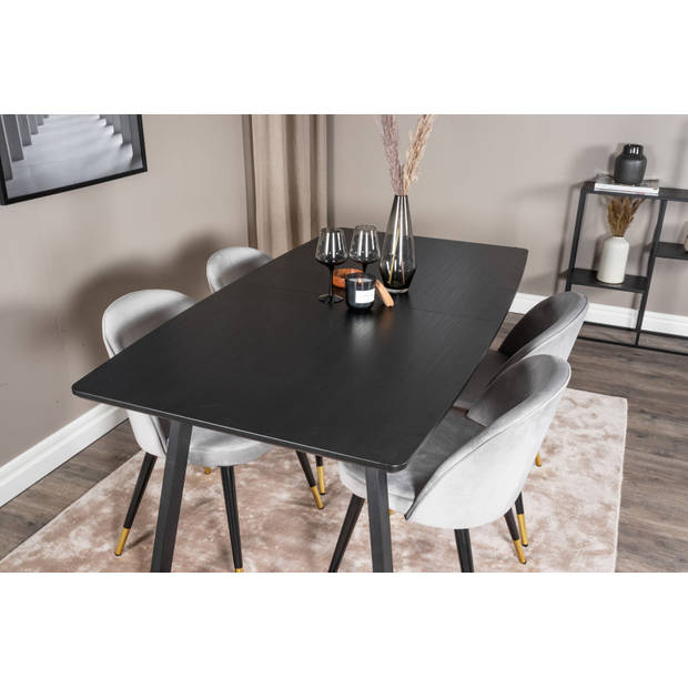 IncaBLBL eethoek eetkamertafel uitschuifbare tafel lengte cm 160 / 200 zwart en 4 Velvet eetkamerstal velours
