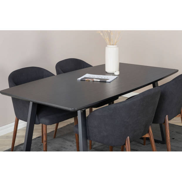 IncaBLBL eethoek eetkamertafel uitschuifbare tafel lengte cm 160 / 200 zwart en 4 Arch eetkamerstal zwart.