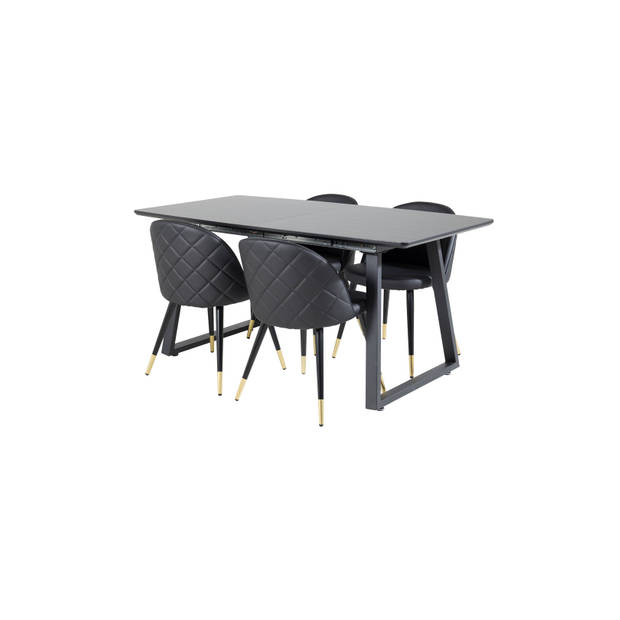 IncaBLBL eethoek eetkamertafel uitschuifbare tafel lengte cm 160 / 200 zwart en 4 Velvet eetkamerstal PU kunstleer