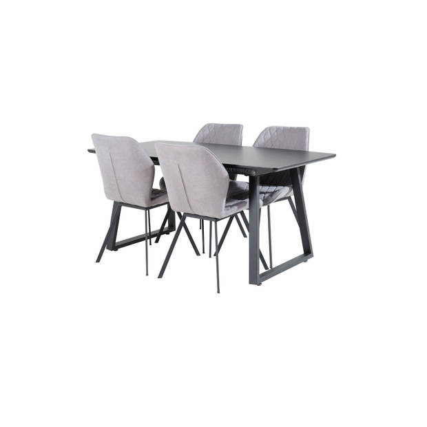 IncaBLBL eethoek eetkamertafel uitschuifbare tafel lengte cm 160 / 200 zwart en 4 Gemma eetkamerstal grijs.