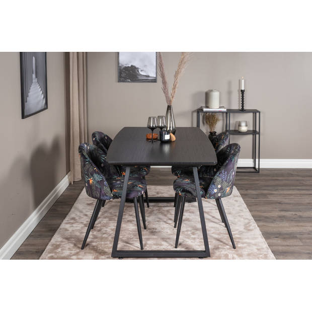 IncaBLBL eethoek eetkamertafel uitschuifbare tafel lengte cm 160 / 200 zwart en 4 Velvet eetkamerstal velours gebloeid.