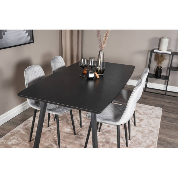 IncaBLBL eethoek eetkamertafel uitschuifbare tafel lengte cm 160 / 200 zwart en 4 Polar Diamond eetkamerstal velours
