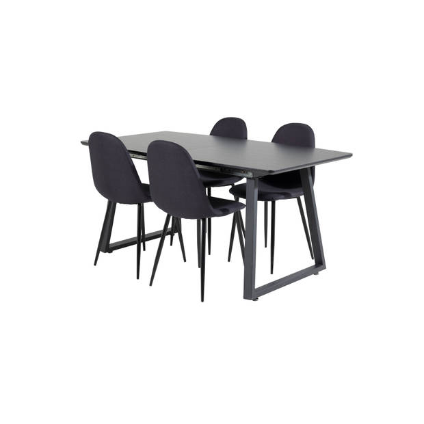 IncaBLBL eethoek eetkamertafel uitschuifbare tafel lengte cm 160 / 200 zwart en 4 Polar eetkamerstal zwart.