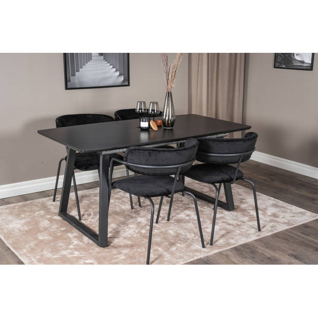 IncaBLBL eethoek eetkamertafel uitschuifbare tafel lengte cm 160 / 200 zwart en 4 Arrow eetkamerstal velours zwart.